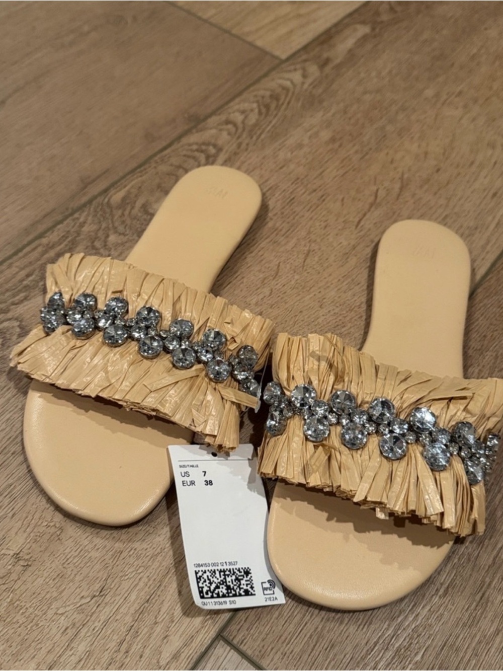 H&M Tan Raffia Slide Mules with Crystal Accents